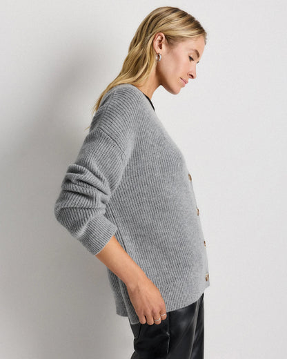 Mongolian Cashmere Fisherman Boxy Cropped Cardigan Sweater - XS / Faded Denim