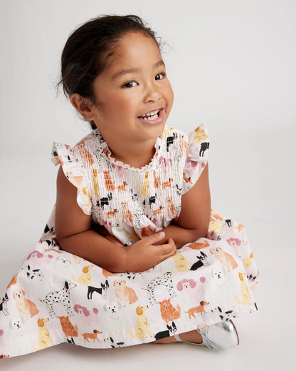 100% Organic Cotton Poplin Smocked Flutter Sleeve Dress - 2T / Blue Ditsy Floral