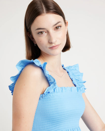 100% Organic Cotton Poplin Smocked Midi Dress - XS / Riviera Blue Heirloom Floral