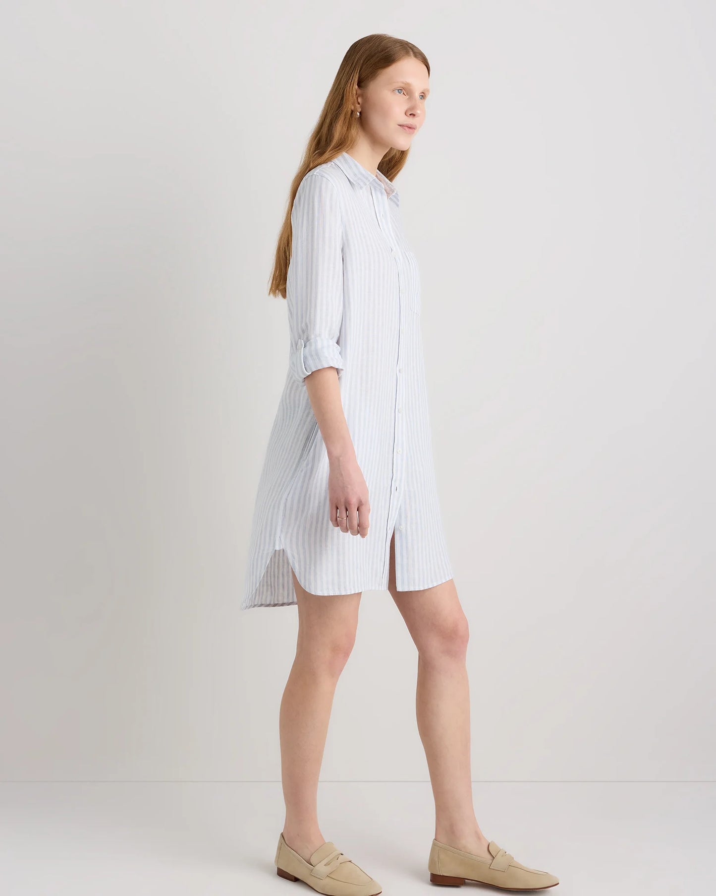 100% European Linen Shirt Dress - XS / Sky Blue Mariner Stripe