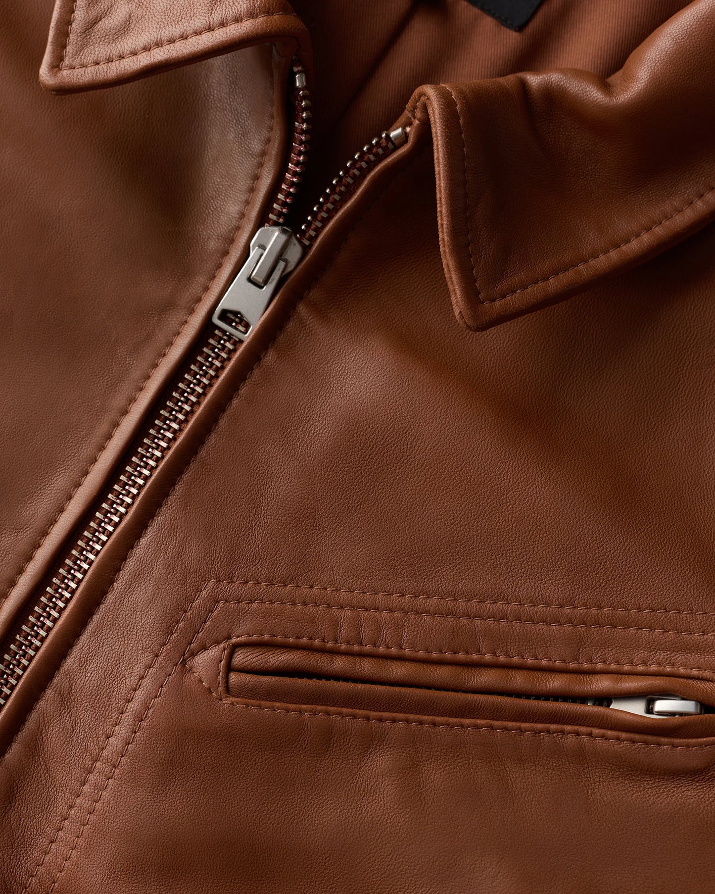 100% Washed Leather Moto Jacket - S / Dark Cognac Brown