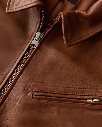 100% Washed Leather Moto Jacket - S / Dark Cognac Brown