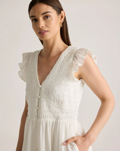 Organic Textured Cotton Smocked V-Neck Midi Dress - XS / Pale Custard Yellow