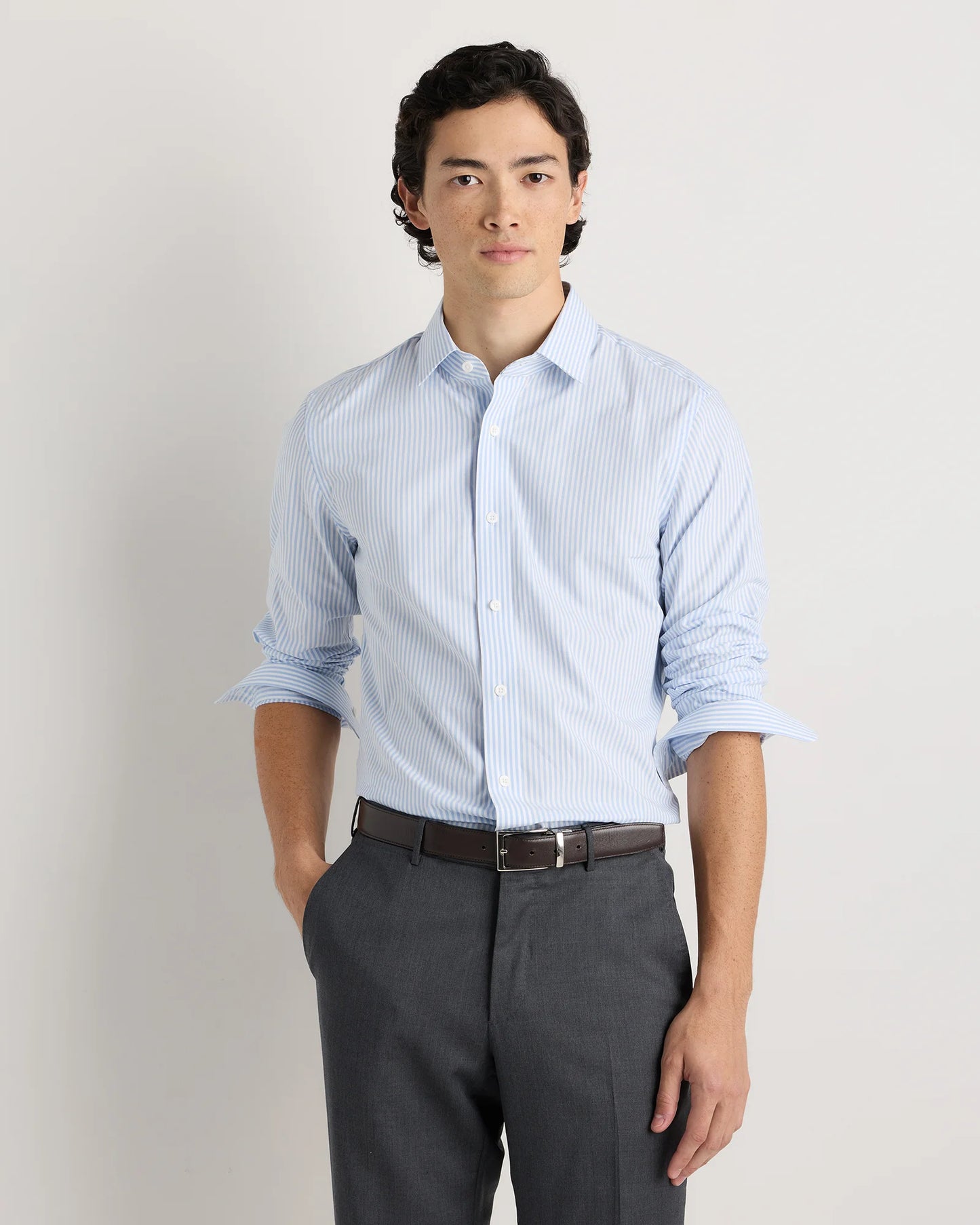 Organic Cotton Stretch Poplin Dress Shirt - S / Light Blue Stripe