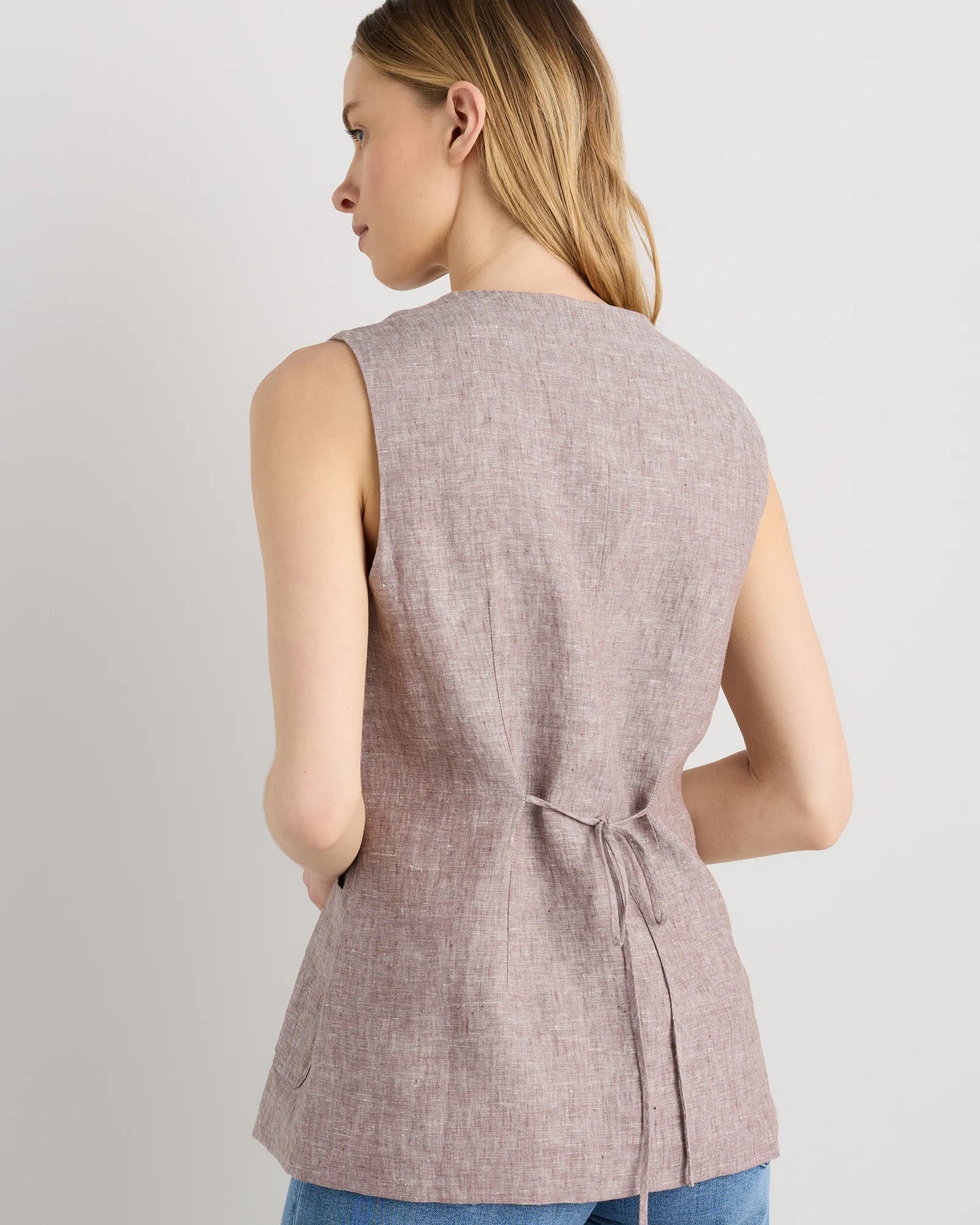 100% European Linen Longline Vest - XS / Taupe Brown Chambray