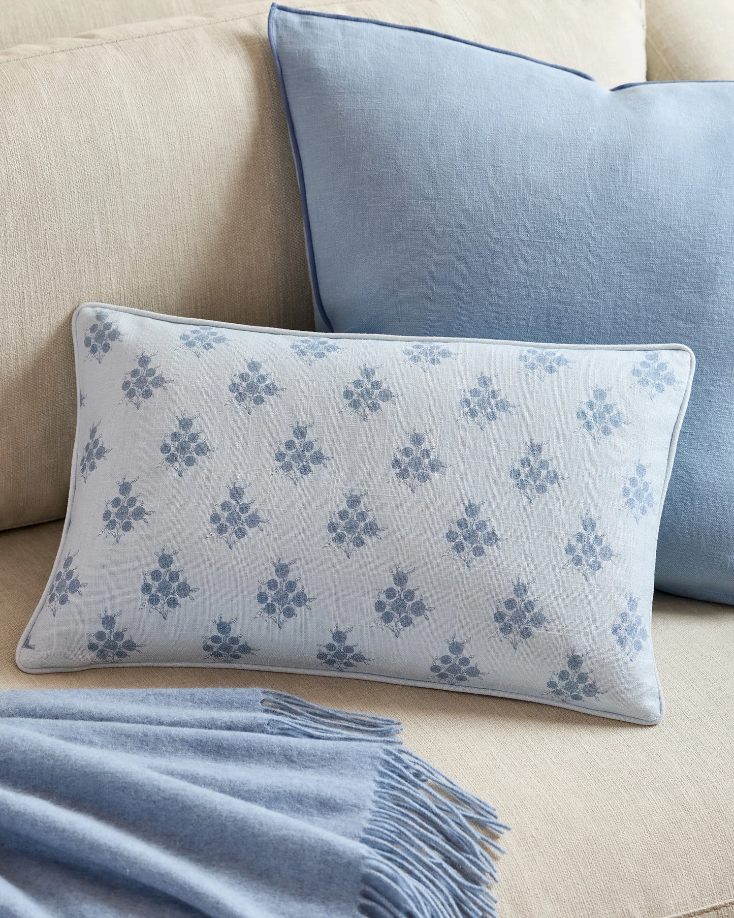Piped Block Print Cotton Pillow Cover (Set of 2) - 12x20 / Natural