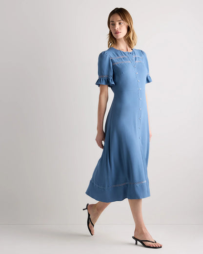 Lightweight Crepe Lace Inset Midi Dress - XS / Moonstone Blue