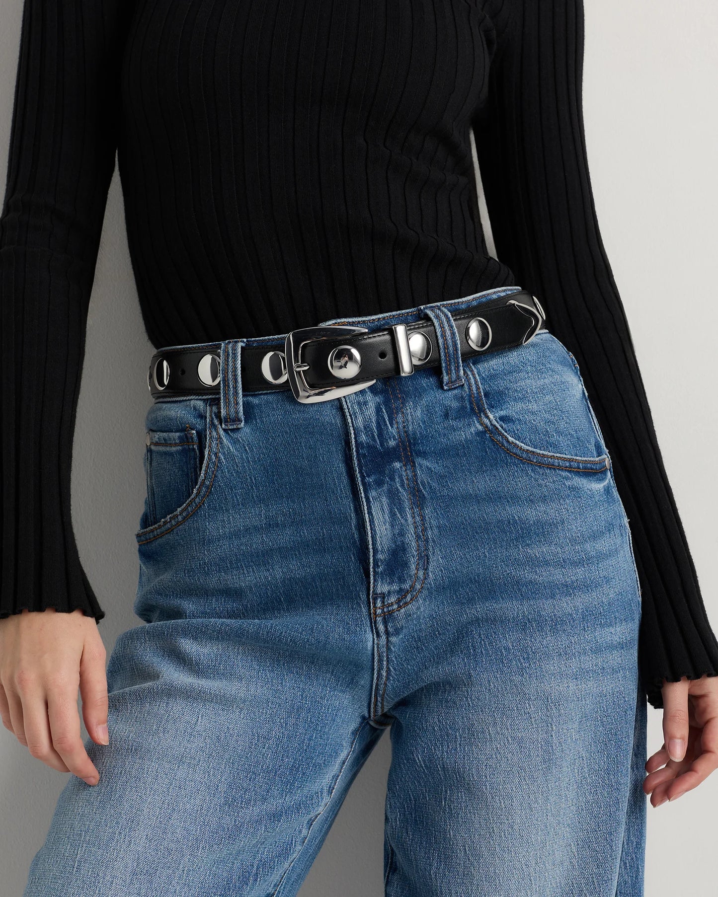 Alyssa European Leather Studded Belt - XS / Black/Silver