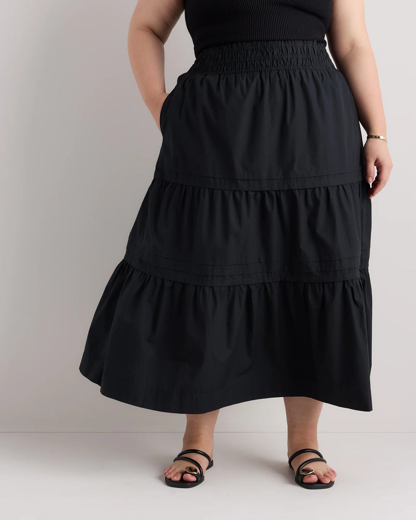 100% Organic Cotton Poplin Tiered Maxi Skirt - 1X / Black