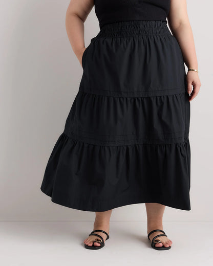 100% Organic Cotton Poplin Tiered Maxi Skirt - 1X / Black
