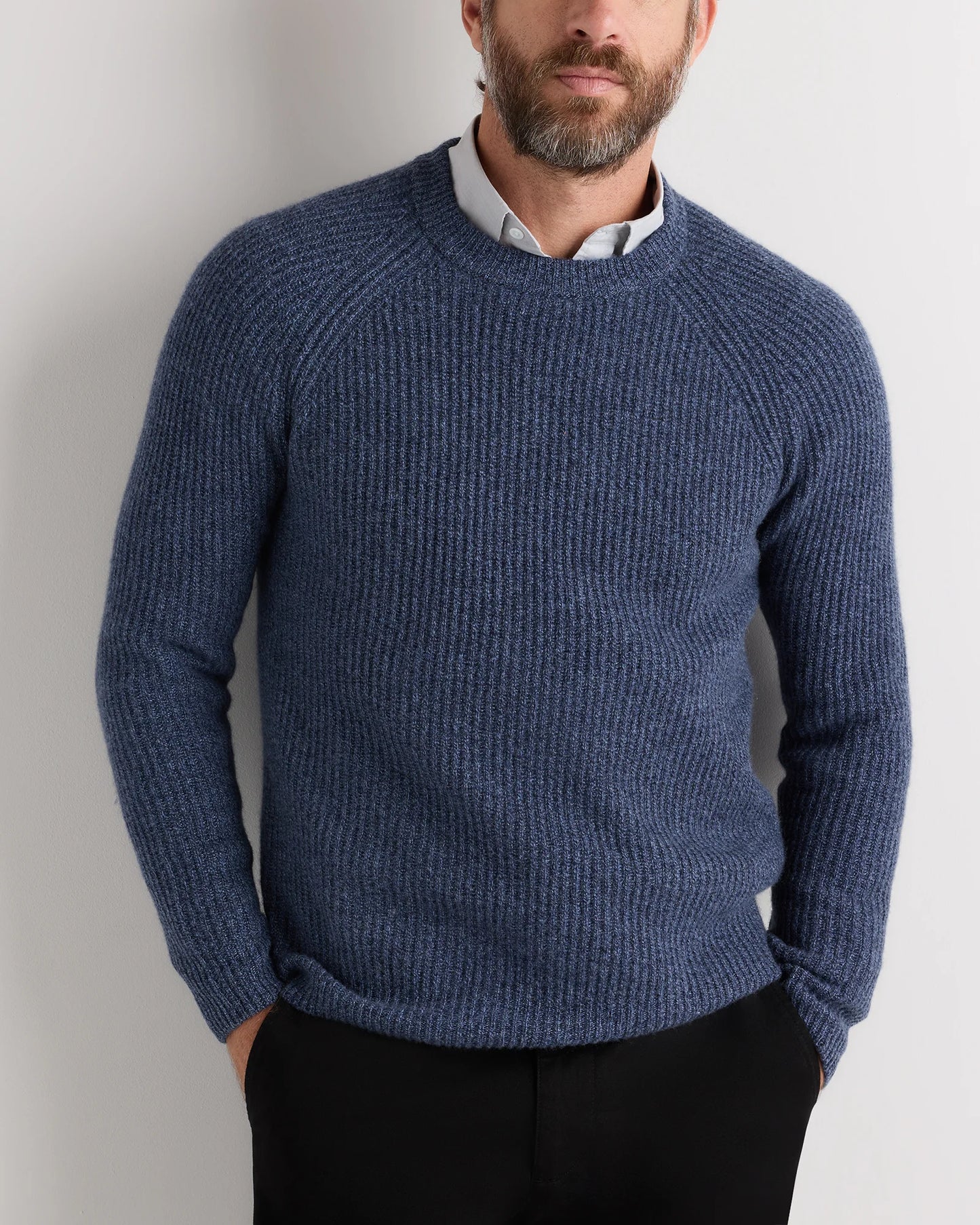 Mongolian Cashmere Fisherman Crewneck Sweater - S / Navy Marl