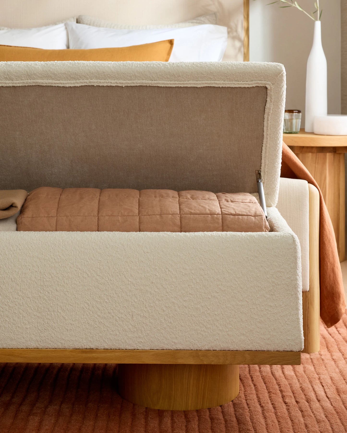 Oak and Performance Boucle Storage Bench - One Size / Ivory