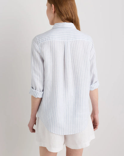 100% European Linen Long Sleeve Shirt - XS / Blue Pinstripe
