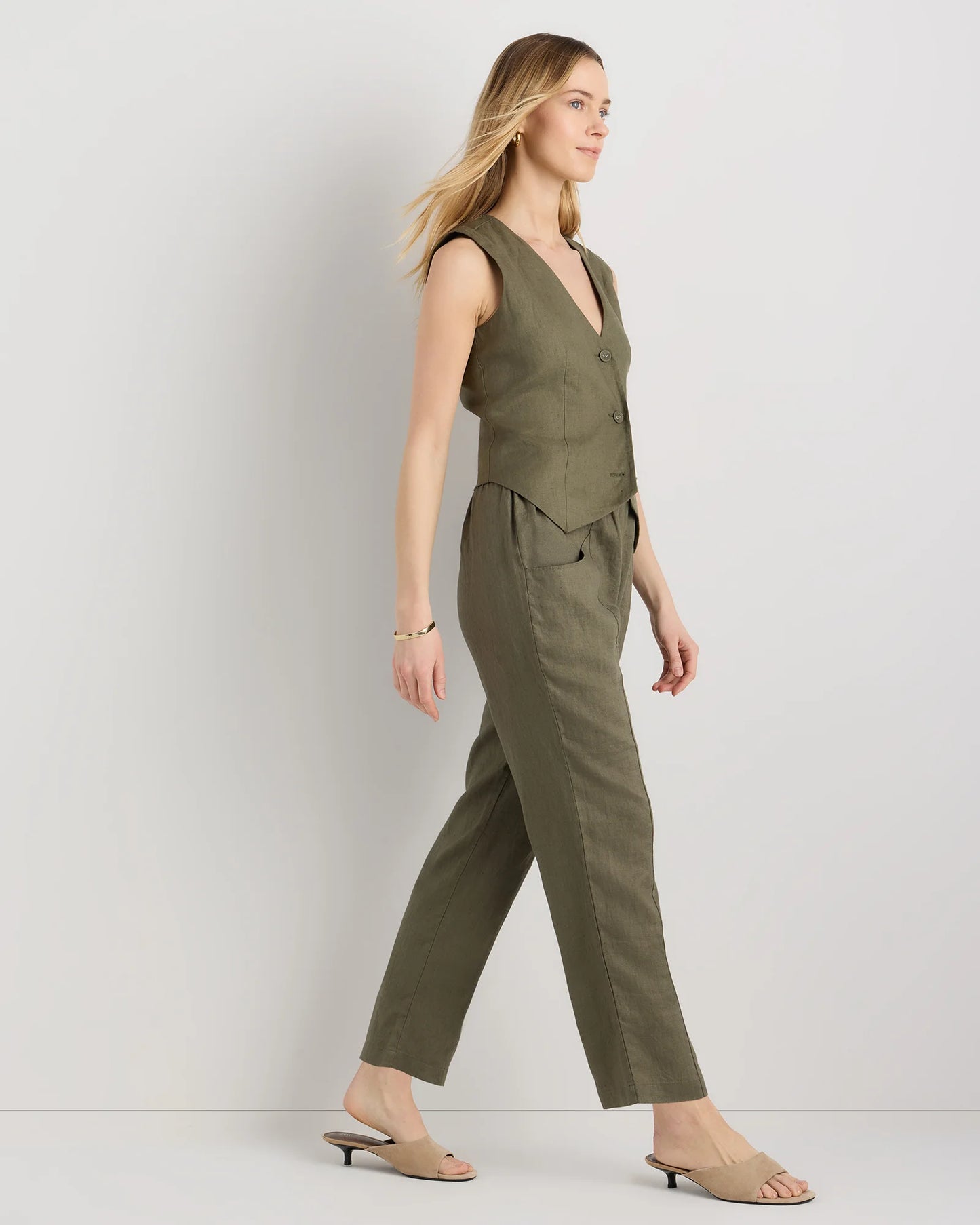 100% European Linen Tapered Ankle Pants - XS / Blue Pinstripe