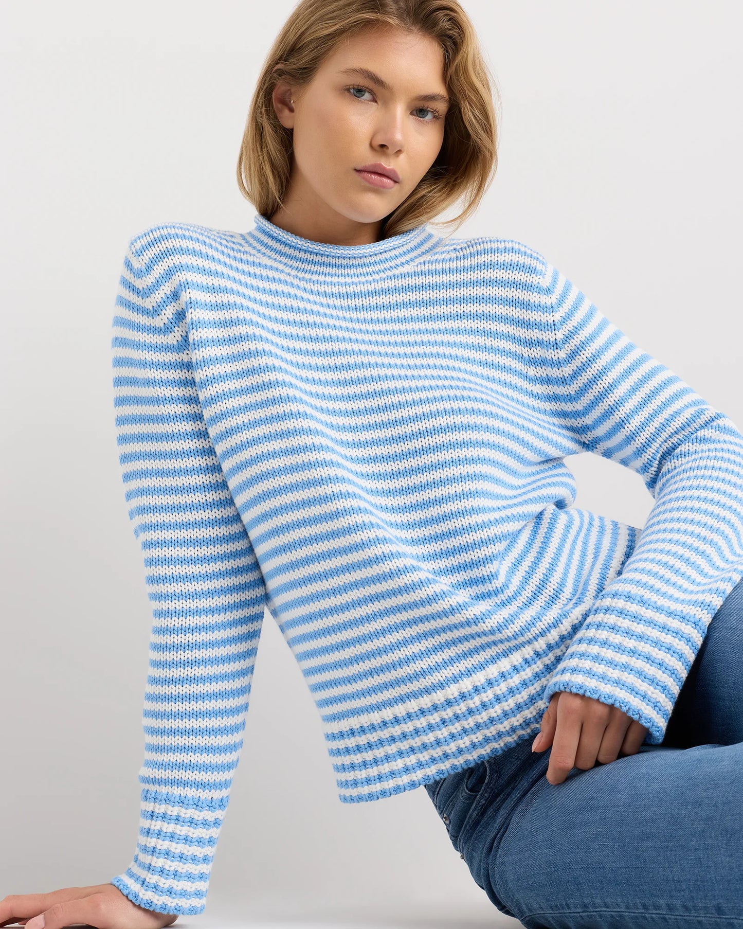 100% Organic Cotton Roll Neck Sweater - XS / Cornflower Mini Stripe