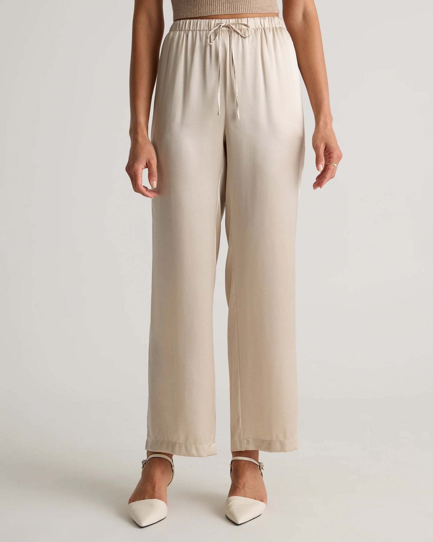 100% Washable Silk Drawstring Wide Leg Pants - XS / Champagne