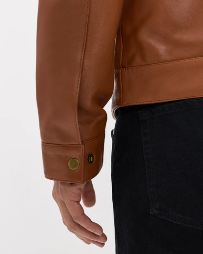 100% Leather Harrington Jacket - S / Dark Cognac Brown
