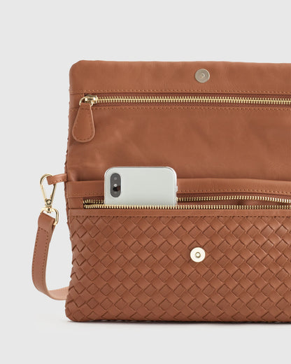 Italian Leather Handwoven Convertible Clutch - One Size / Cognac