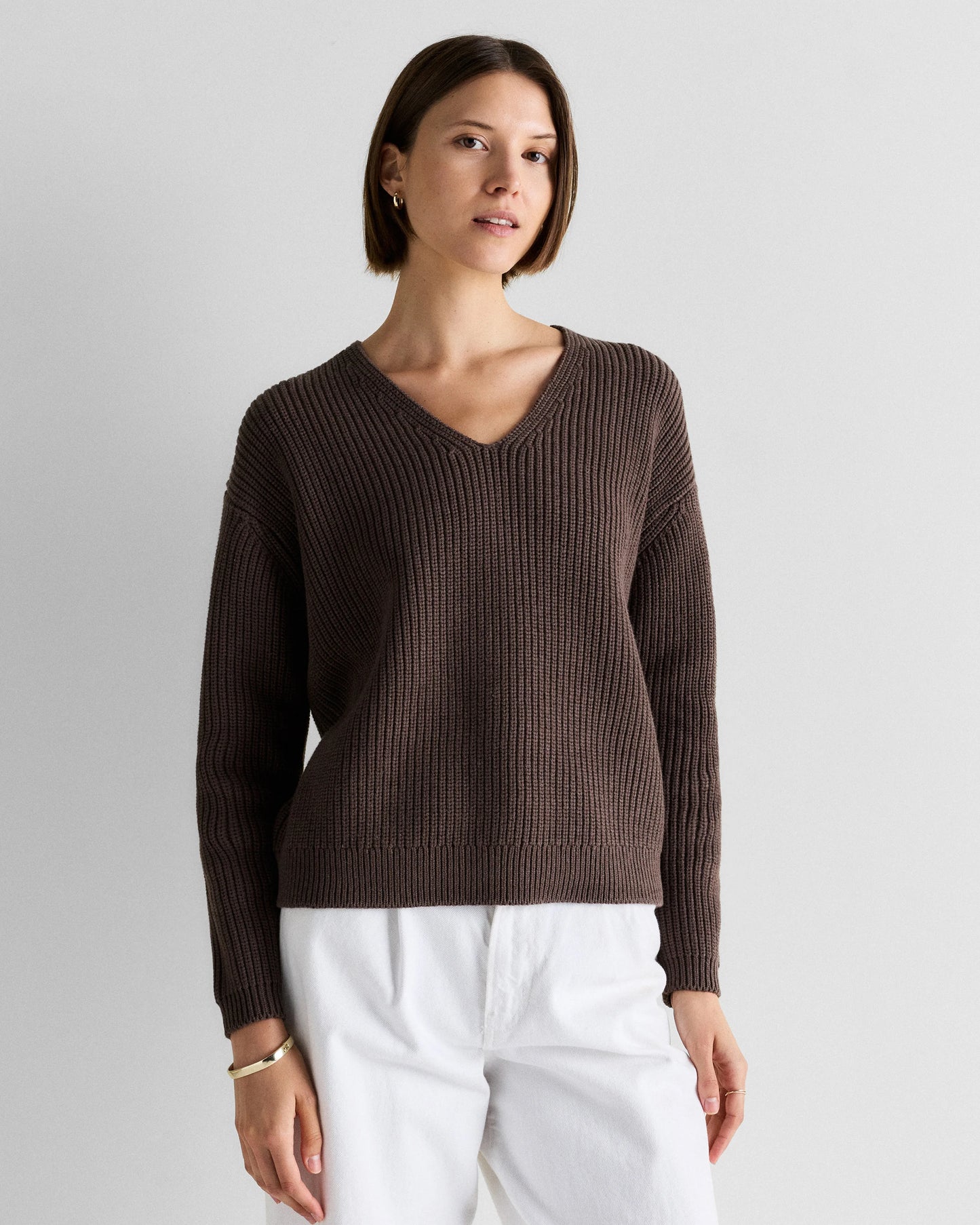 100% Organic Cotton Fisherman V-Neck Sweater - XS / Heather Brown