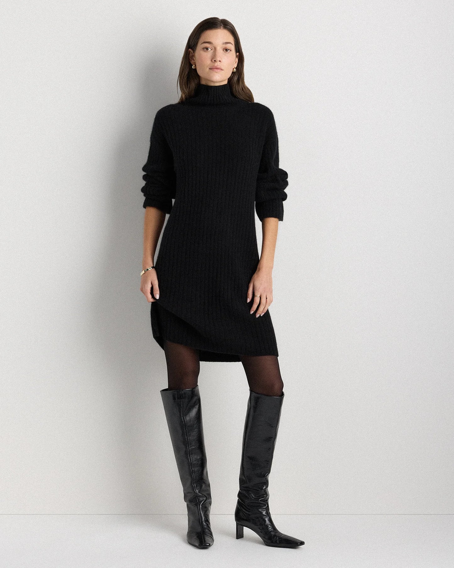 Mongolian Cashmere Ribbed Turtleneck Mini Dress - XS / Black