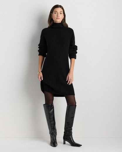 Mongolian Cashmere Ribbed Turtleneck Mini Dress - XS / Black
