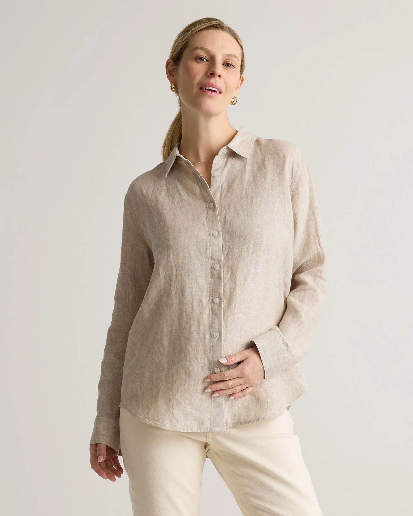 100% European Linen Maternity Long Sleeve Shirt - XS / Blue Pinstripe