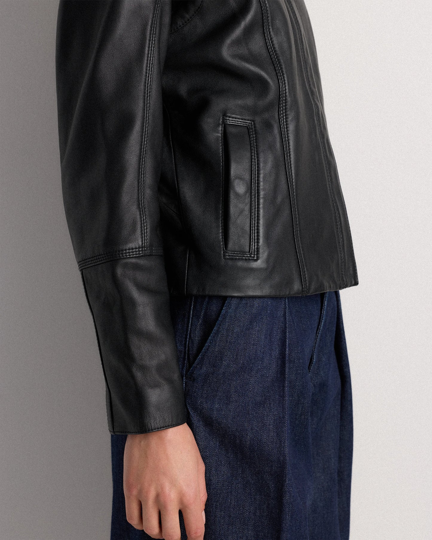 100% Leather Stand-Collar Jacket - XS / True Black