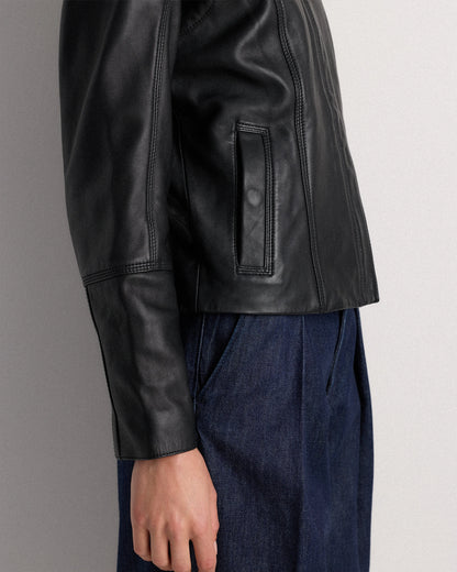 100% Leather Stand-Collar Jacket - XS / True Black