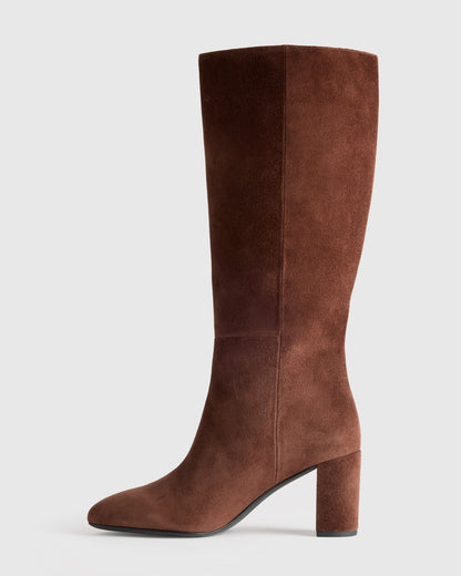 Italian Suede Block Heel Boots - 5 / Espresso Brown