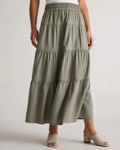 Vintage Wash Tencel Tiered Maxi Skirt - XS / Olive