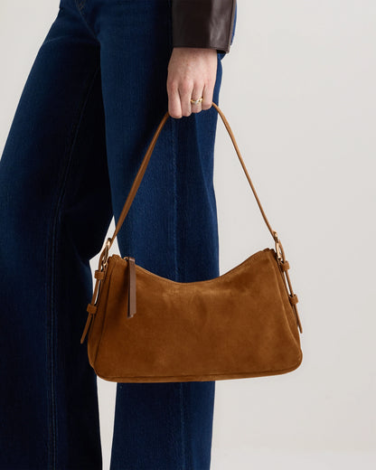 Italian Suede Small Shoulder Bag - One Size / Chocolate Brown