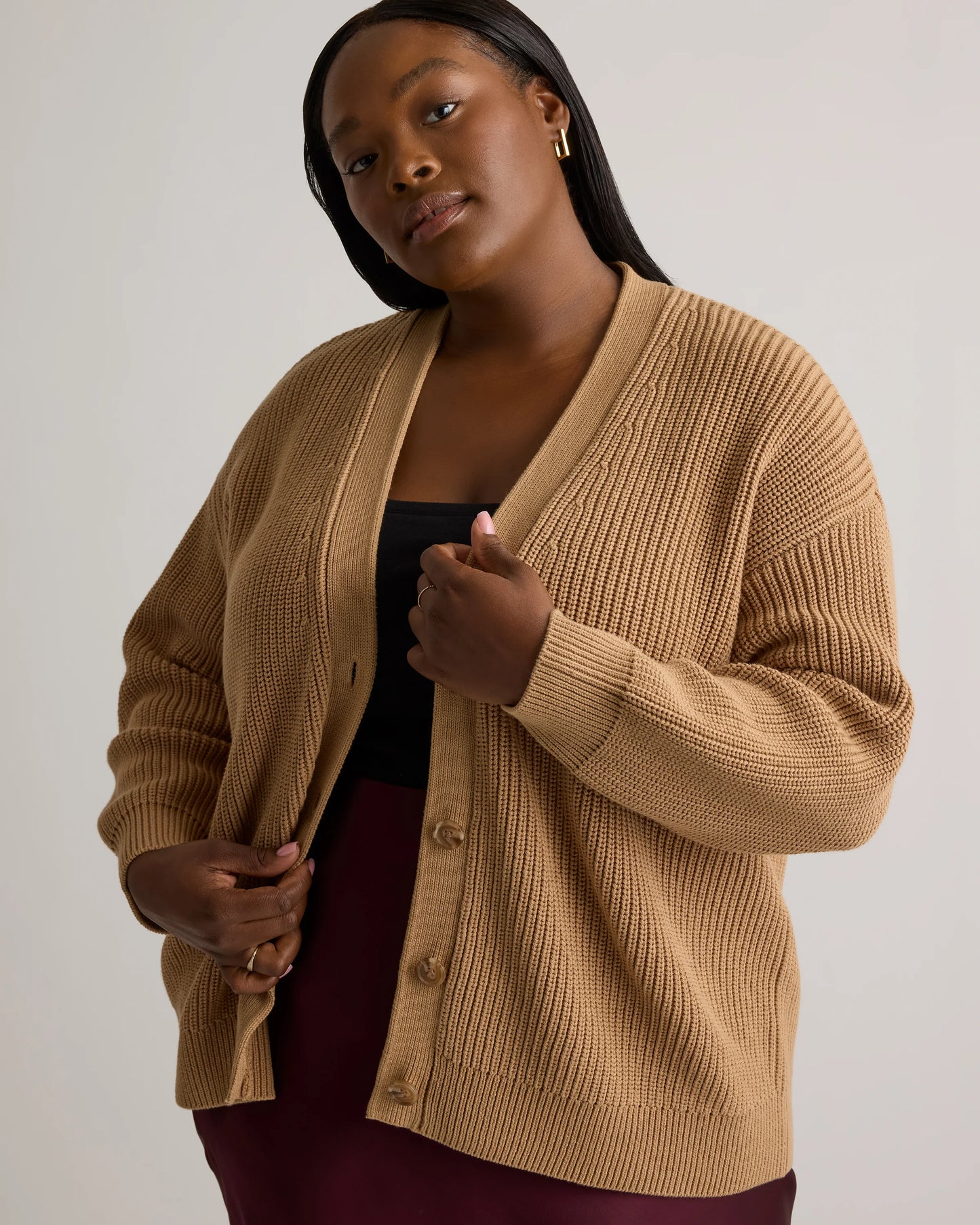100% Organic Cotton Oversized Boyfriend Cardigan - 1X / Camel