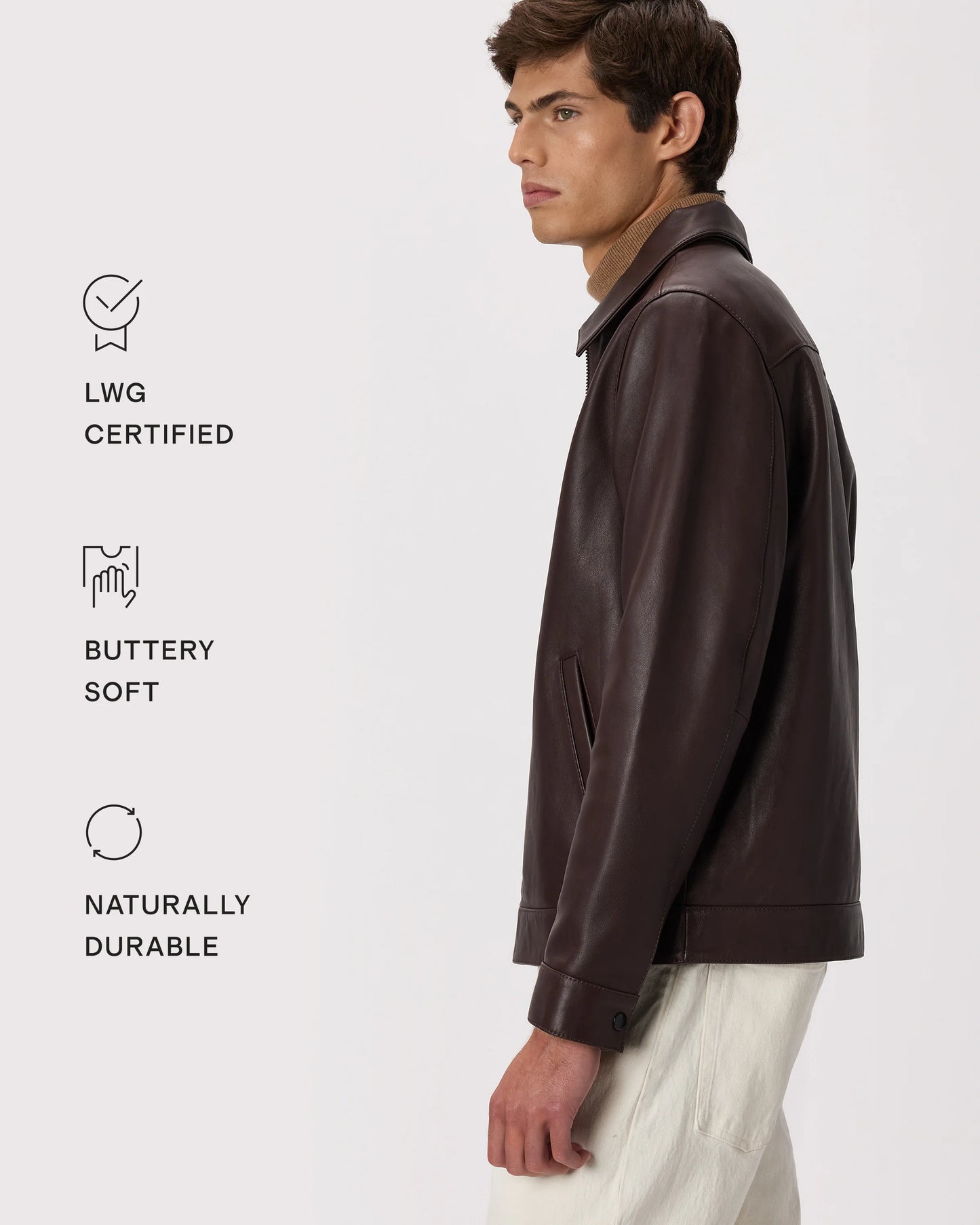 100% Leather Harrington Jacket - S / Dark Cognac Brown