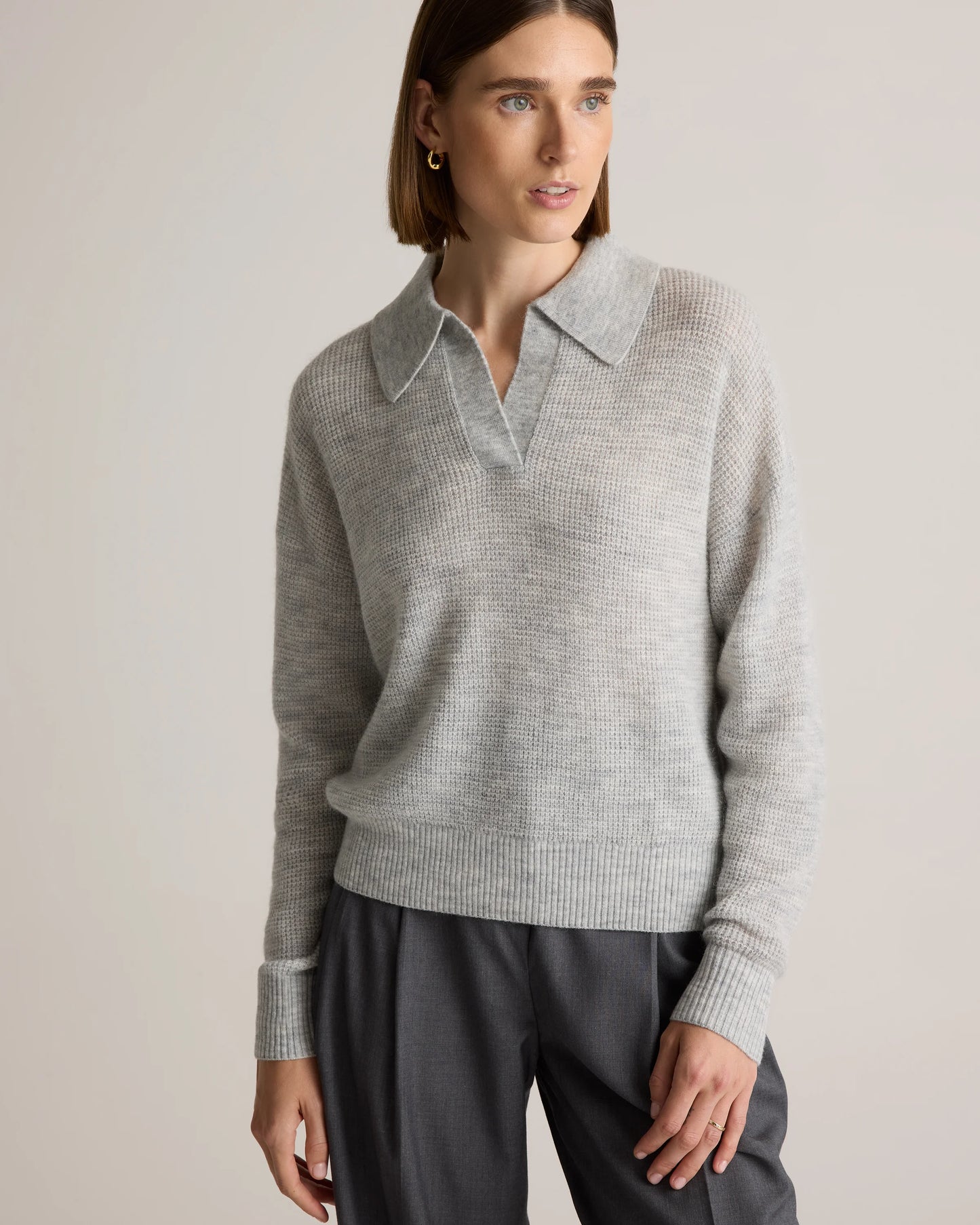 Baby Alpaca-Wool Waffle Stitch Polo Sweater - XS / Ivory