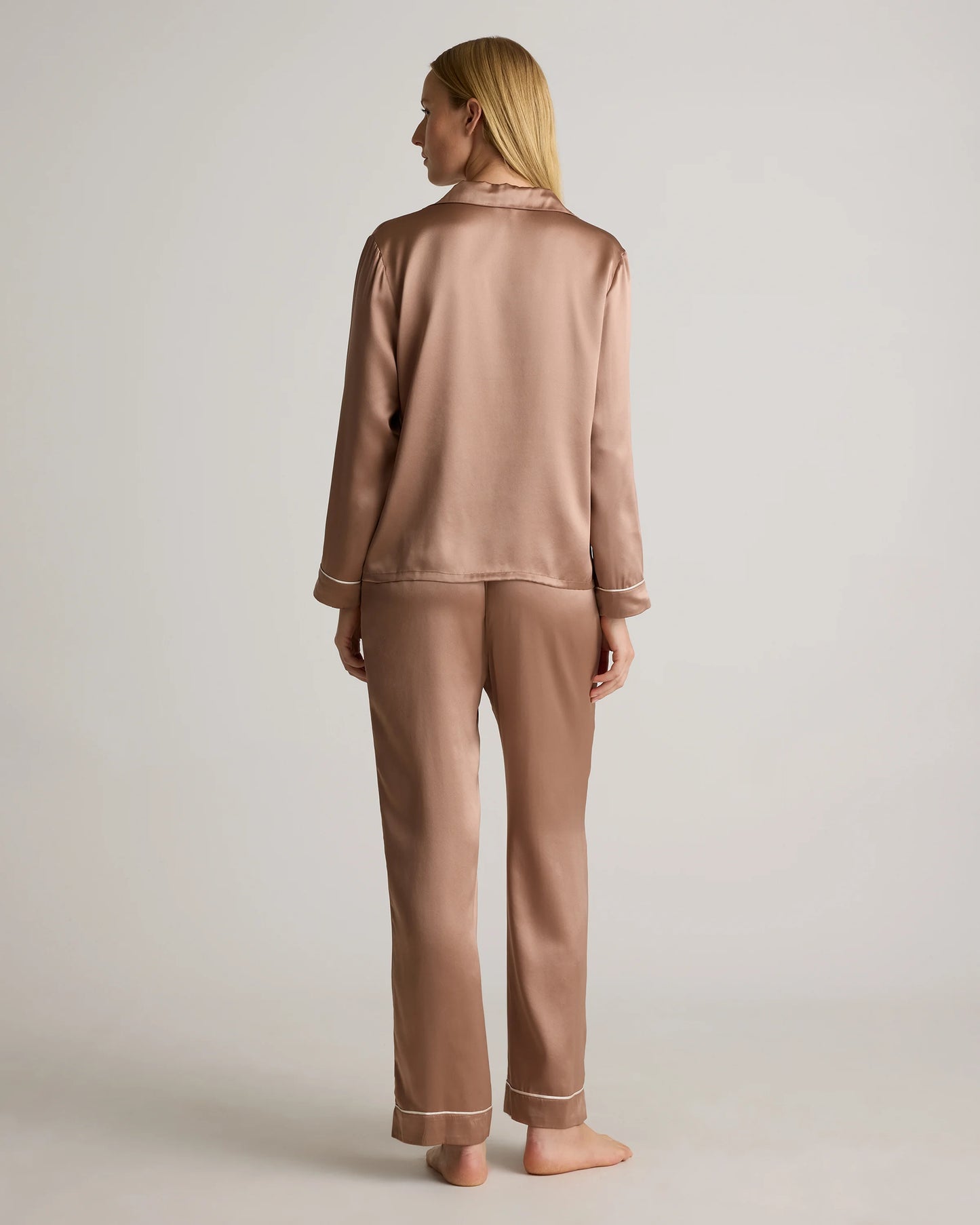 100% Washable Silk Satin Pajama Long Sleeve Top - XS / Toasted Almond