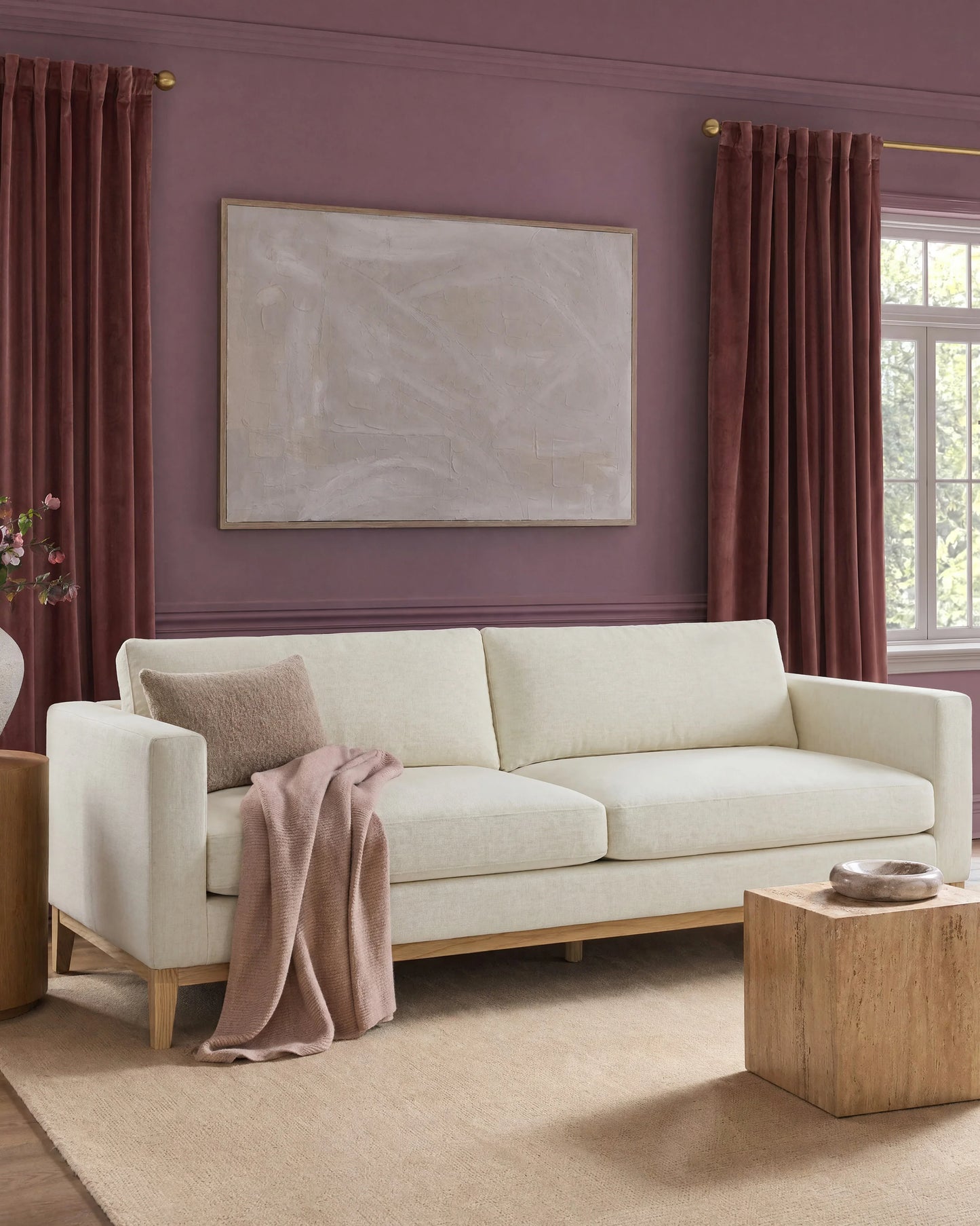 Performance Chenille Linen Blend Sofa with Solid Oak Base - 7ft / Snow