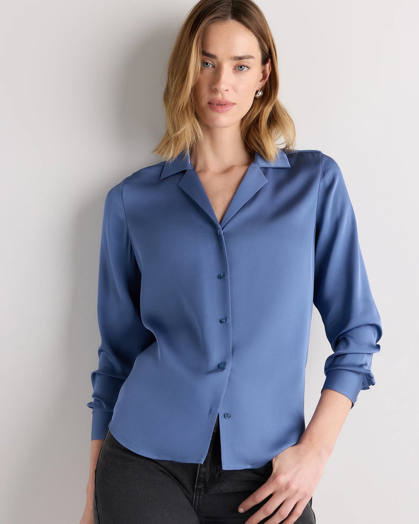 Washable Stretch Silk Notch Collar Blouse - XS / Moonstone Blue