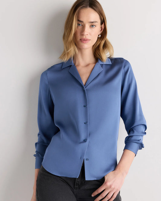 Washable Stretch Silk Notch Collar Blouse - XS / Moonstone Blue