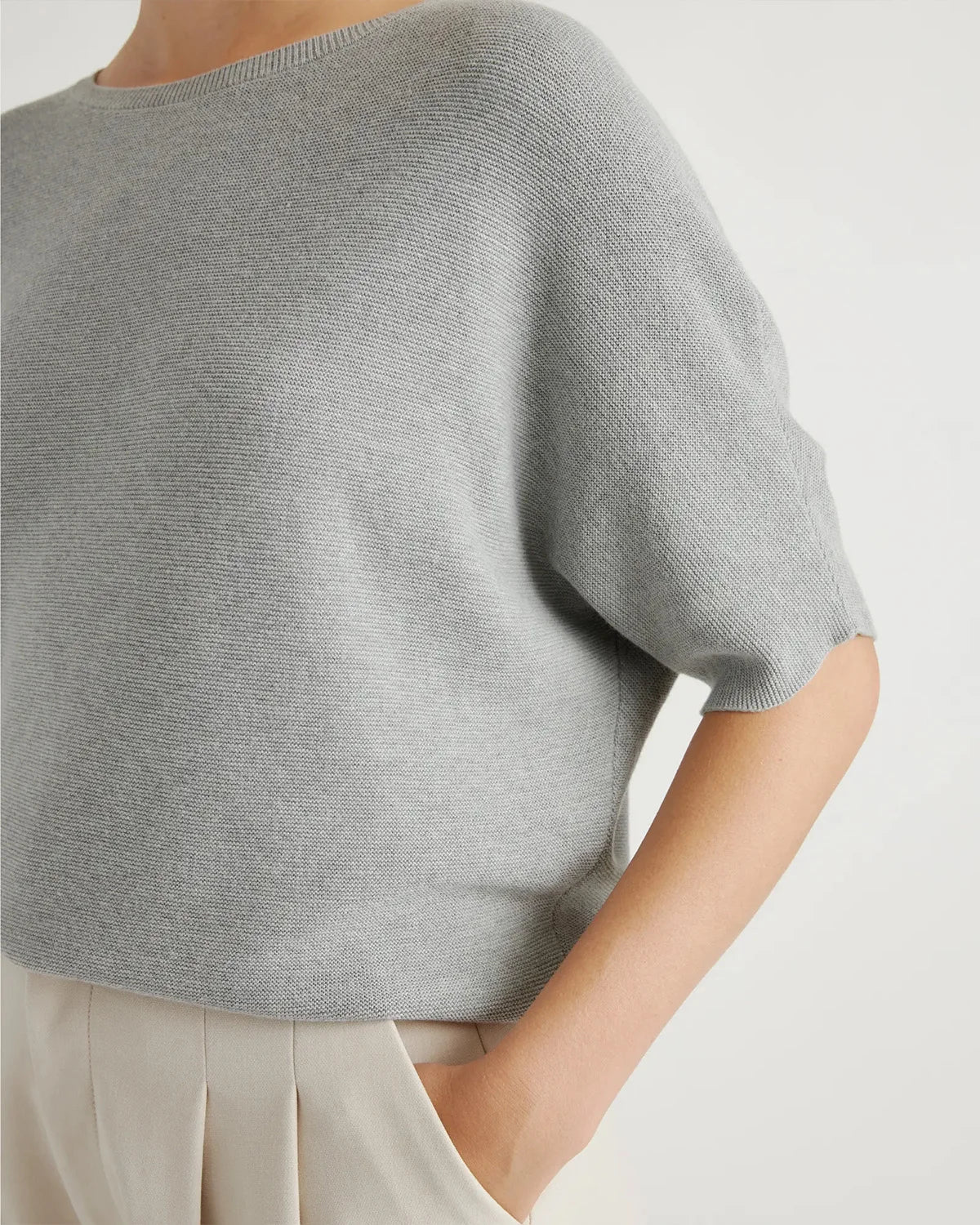 Lightweight Cotton Cashmere Link-Stitch Dolman Sweater - XS / Sugar Stone