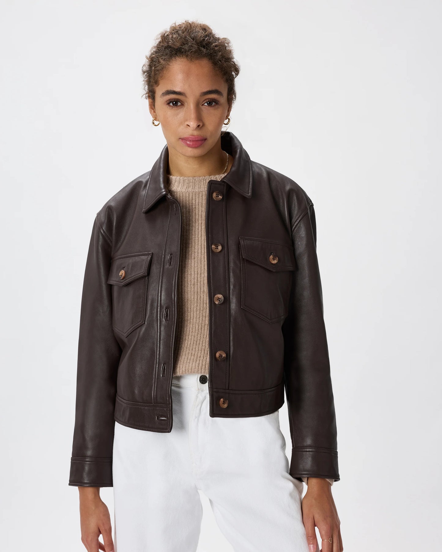 100% Leather Cropped Jacket - XS / Rich Brown