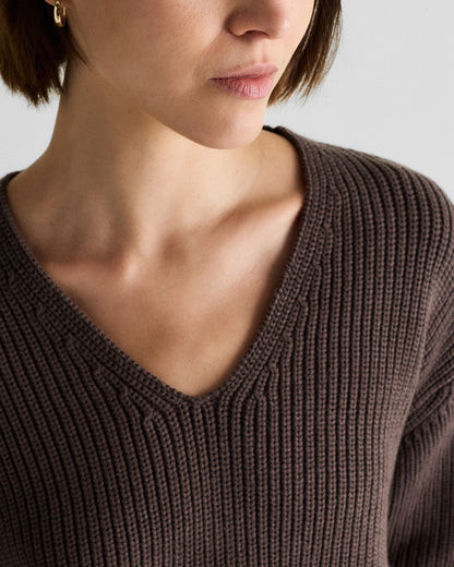 100% Organic Cotton Fisherman V-Neck Sweater - XS / Heather Brown