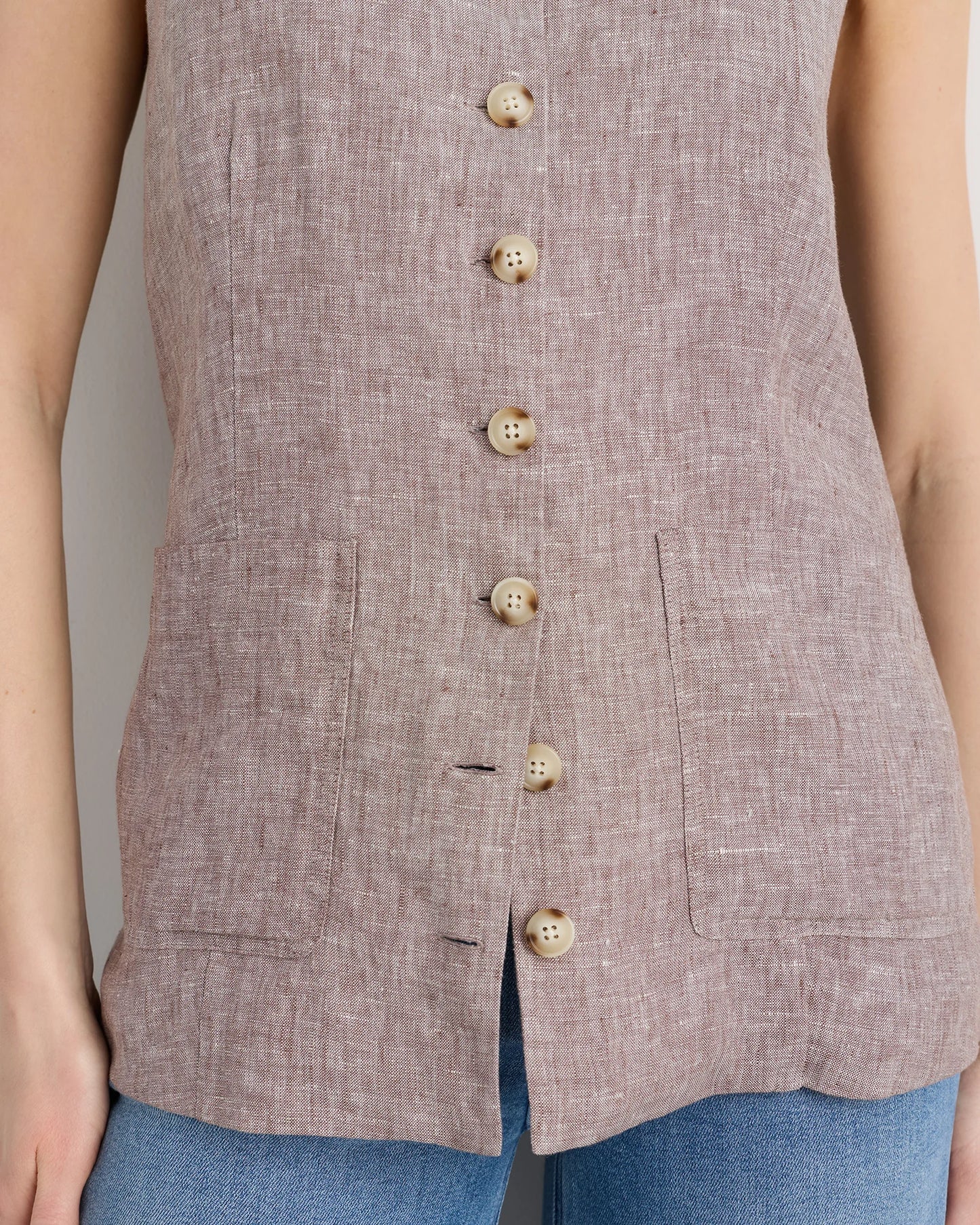 100% European Linen Longline Vest - XS / Taupe Brown Chambray