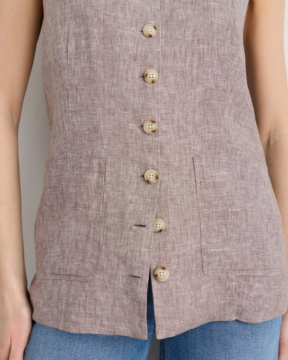 100% European Linen Longline Vest - XS / Taupe Brown Chambray