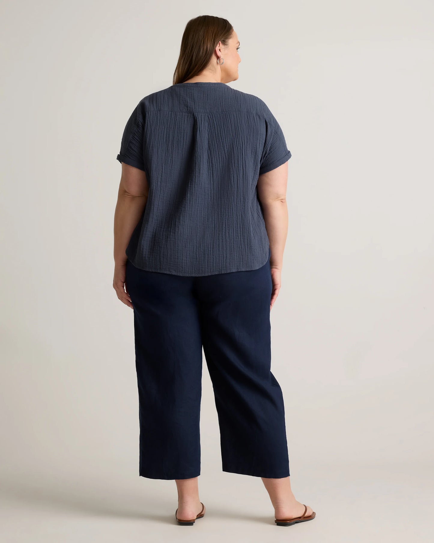 100% Organic Cotton Gauze Roll Sleeve Shirt - 1X / White