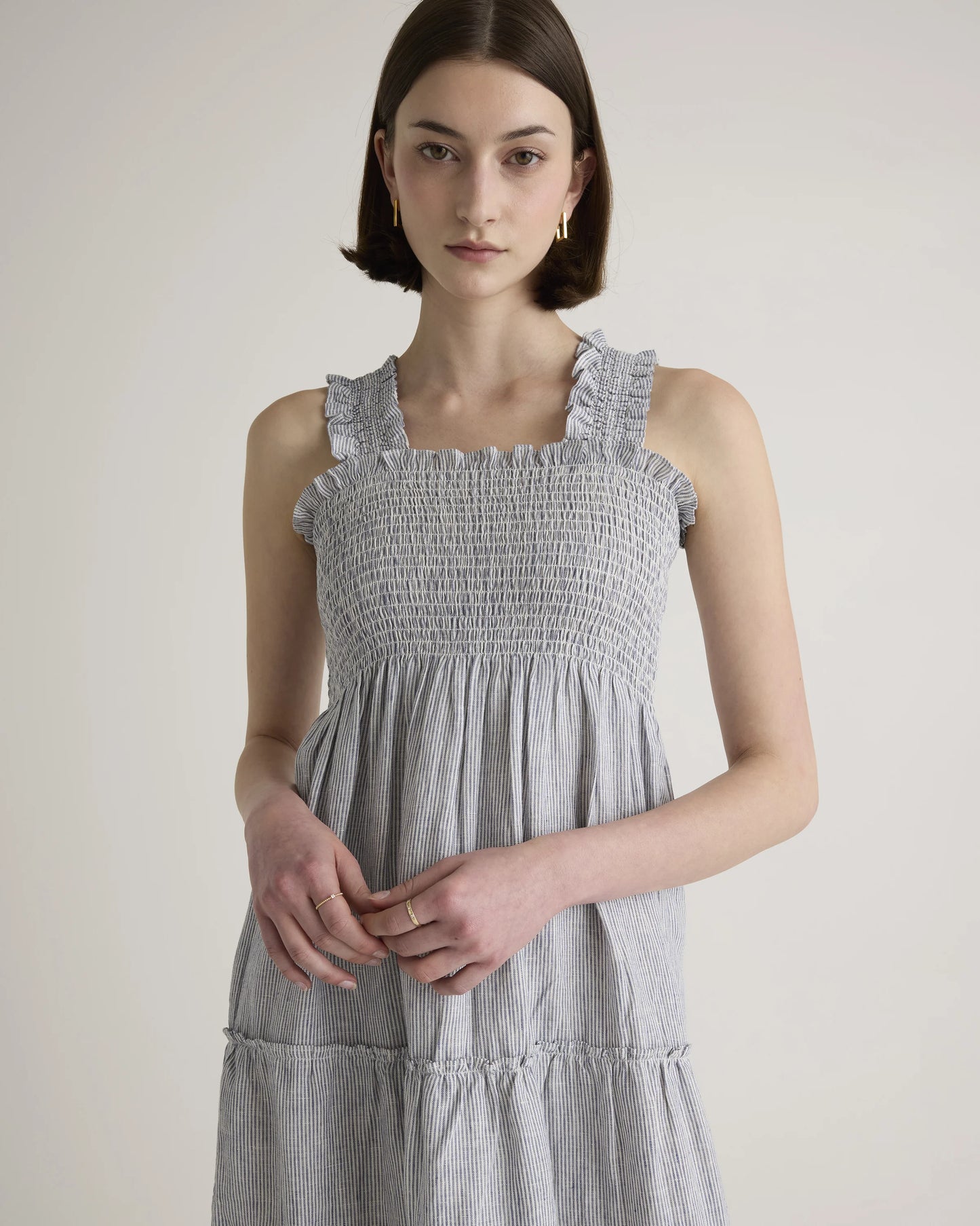 100% European Linen Smocked Midi Dress - XS / Ivory Porcelain Blue Petite Floral