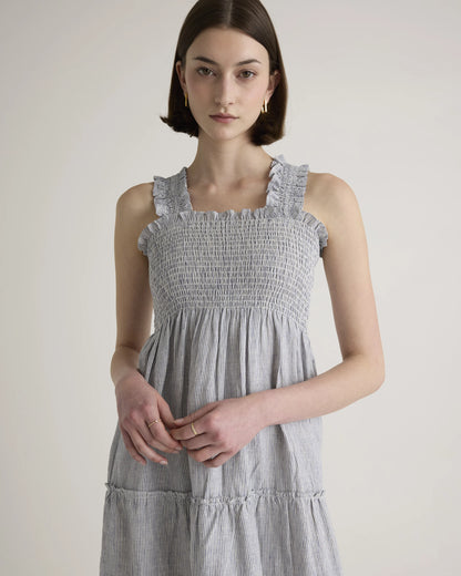 100% European Linen Smocked Midi Dress - XS / Ivory Porcelain Blue Petite Floral