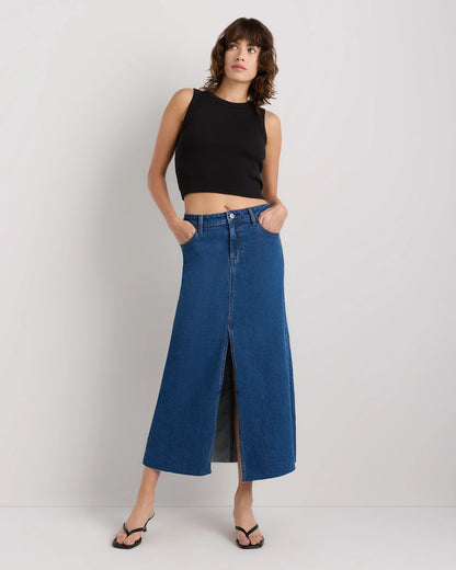 Stretch Denim 5-Pocket Midi Skirt - 24 / Obsidian Blue