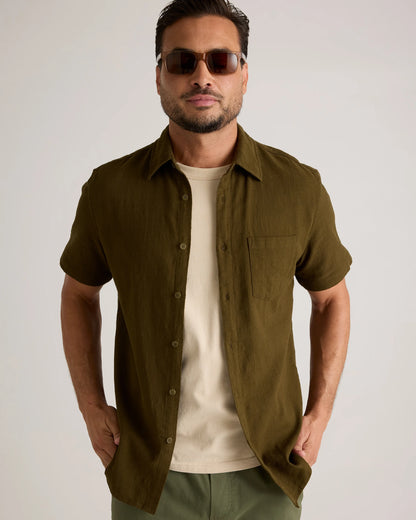 Organic Cotton Stretch Selvage Short Sleeve Shirt - S / Olive