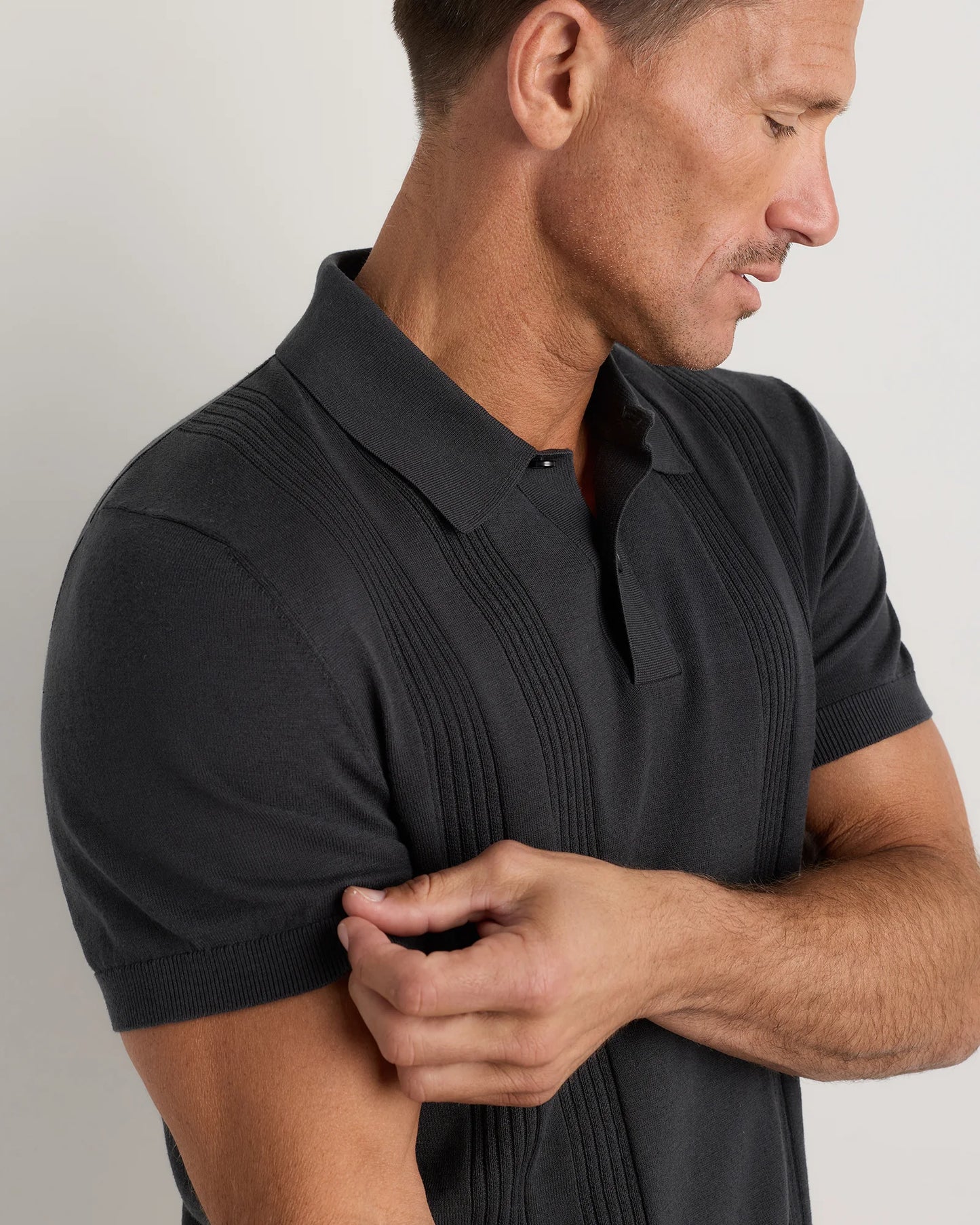Cotton-Silk Ribbed Short Sleeve Sweater Polo - S / Speckled Beige