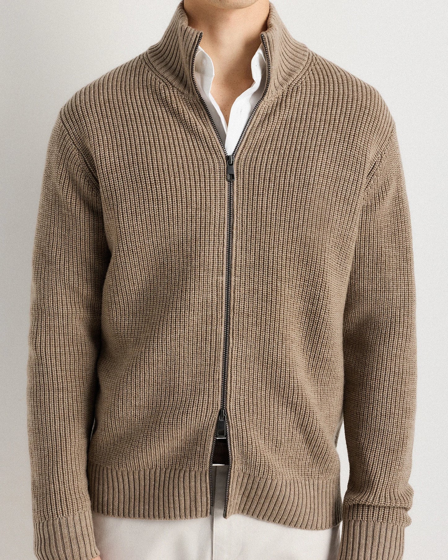 Australian Merino Wool Full Zip Sweater - S / Heather Bone